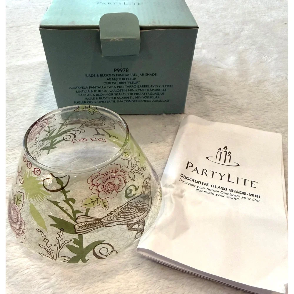 PartyLite Birds & Blooms Mini Barrel Jar Shade Clear Glass Floral P9978 Boxed - Picture 1 of 4